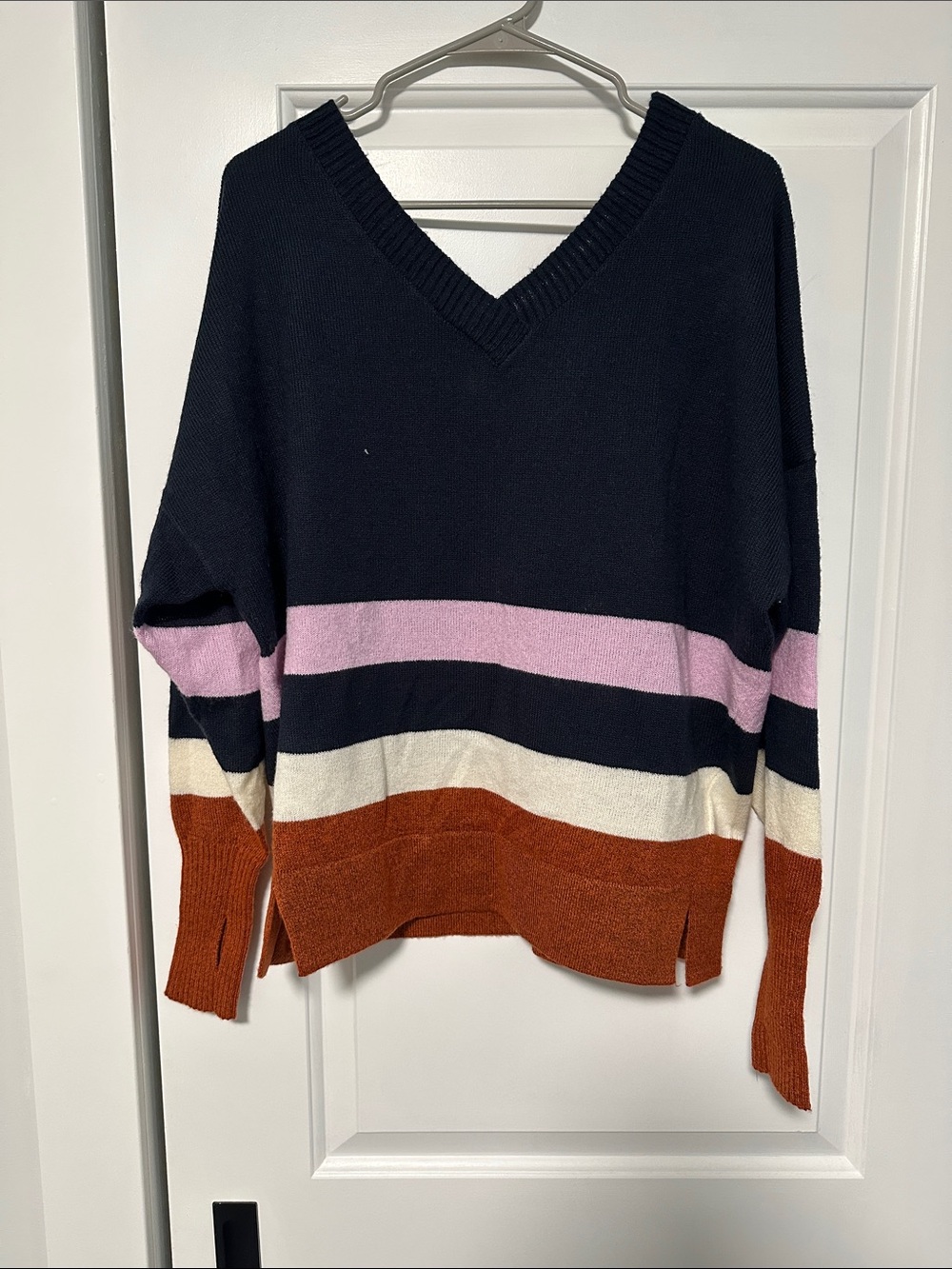 Prana V-Neck Striped Knit Sweater - Navy, Pink, Cream, Rust